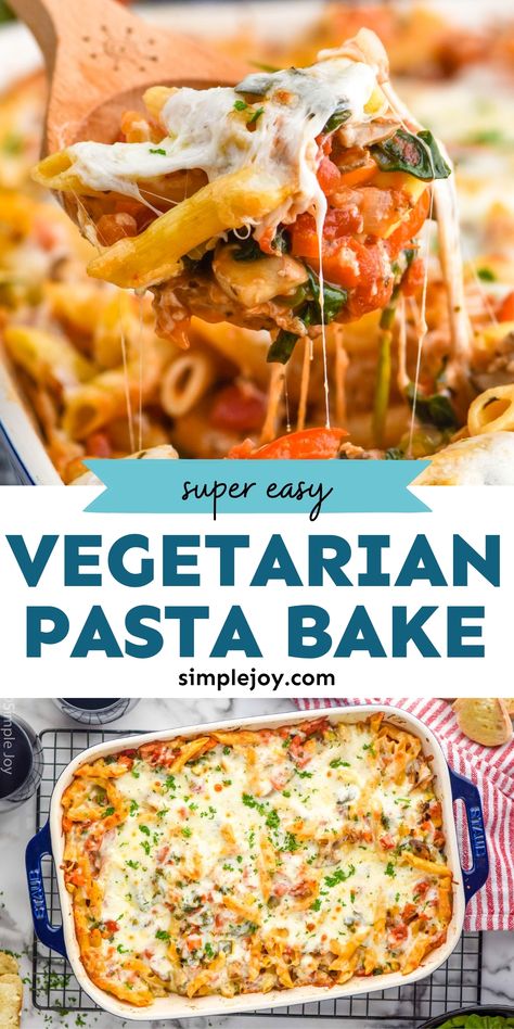 This Vegetarian Pasta Bake is packed full of delicious vegetables and baked with pasta in a simple but delicious sauce. You will love this budget-friendly dinner! Dinner Ideas Veggie Vegetarian Recipes, Last Minute Vegetarian Dinner, Baked Ziti With Vegetables, Dairy Free Vegetarian Meals, Baked Veggie Pasta, Best Vegetarian Dinner Recipes, Family Friendly Vegetarian Dinners, Vegetarian Pasta Casserole Recipes, Veg Pasta Bake