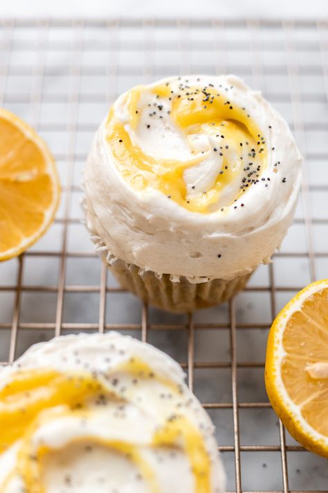 Vegan Mini Cupcakes, Vegan Lemon Curd Recipes, Dairy Free Lemon Curd, Vegan Lemon Cupcakes, Poppy Seed Cupcakes, Lemon Poppy Seed Cupcakes, Recipe Using Lemons, Banana Diaries, Vegan Lemon Curd