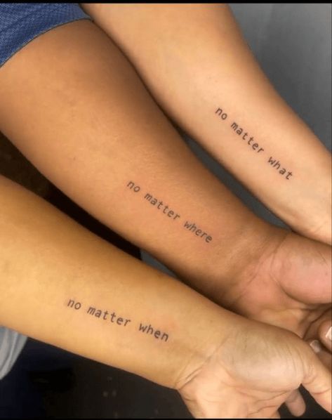 InkMatch 30 Deep Meaningful Tattoo Ideas For You And Your Best Friend - Friendship Word Tattoos, Tattoos Dedicated To Family, Distance Tattoos Family, Meaningful Trio Tattoo Ideas, Whenever Wherever Tattoo, Tattoo For Family Meaningful, Best Friend Quote Tattoos, Bbf Tattoos, 123 Tattoo