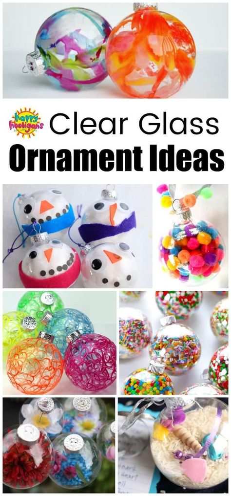 Fun and Creative ways to decorate a clear glass or plastic ornament. Great Christmas Craft ideas here for kids of all ages. #HappyHooligans #Ornaments #HomemadeOrnaments #ChristmasCraftsForKids #PreschoolChristmasCrafts #ToddlerChristmasCrafts #GlassOrnaments #PlasticOrnaments #ClearOrnaments #Crafts #Tweens Kids Christmas Bulb Crafts, Fillable Christmas Ornament Ideas For Kids, Ornament Ideas Preschool, Decorating Clear Christmas Ornaments, Bulb Ornament Crafts For Kids, Clear Ornament Christmas Crafts, Decorating Plastic Ornament Balls, Things To Do With Clear Ornaments, Christmas Crafts With Clear Ornaments