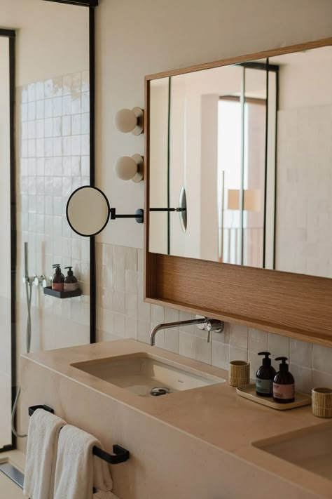 Aethos Ericeira hotel in Portugal designed by Astet and Pedra Silva Square Ceramic Tile Bathroom, Ericeira Portugal, Hotels Portugal, Timber Slats, Casa Country, Hotel Bathroom, Coral Gables, Bathroom Renos, Bathroom Inspo