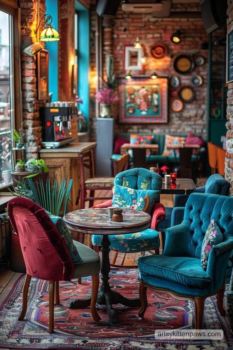 Tea Shop Interior Design, Cafe Interior Design Ideas, Colourful Cafe, Cozy Pics, Havana Restaurant, Eclectic Cafe, Cozy Cafe Interior, Cafe Corner, Photography House