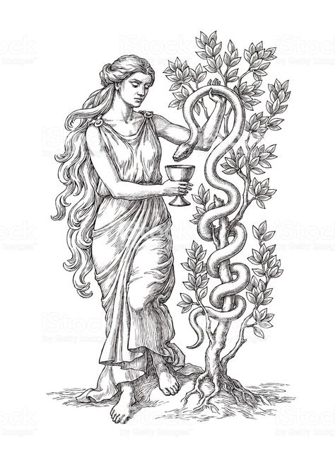 Ancient Greek Gods Art, Greek Tattoo Designs Mythology, Greek Goddess Tattoo Design, Greek Gods Illustration, Greek Goddess Illustration, Greek Goddess Drawing, Goddess Of Medicine, Dnd Aesthetic, Witchcraft Art