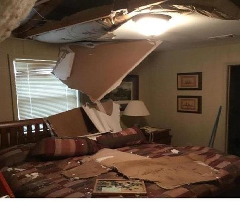 Photo of ceiling damage by pipe burst. Water Damage Repair, Without Warning, Water Damage, Drywall, Water Pipes, In Water, Clean Up, Insulation, Mattress