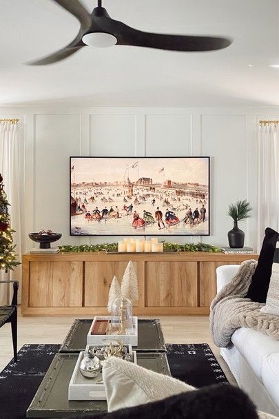 Tv Console Traditional, Tv Console Holiday Decor, Tv Media Console Styling, Media Table Decor, Tv Console Table Styling, Christmas Media Console Decor, Media Console Christmas Decor, How To Style A Tv Console, Tv Console Decorating Modern