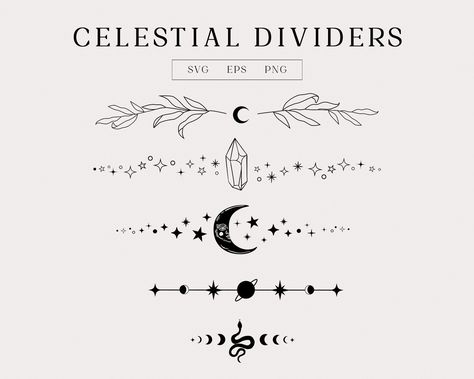 Celestial Divider SVG, Magical Text Divider Cricut, Celestial wedding frame SVG, Moon phase SVG, Witchy Border Clipart, Celestial Tattoo Witchy Page Borders, Spooky Border Design, Witchy Border Design, Witchy Borders, Celestial Doodles, Cute Dividers, Journal Borders, Divider Png, Celestial Tattoos