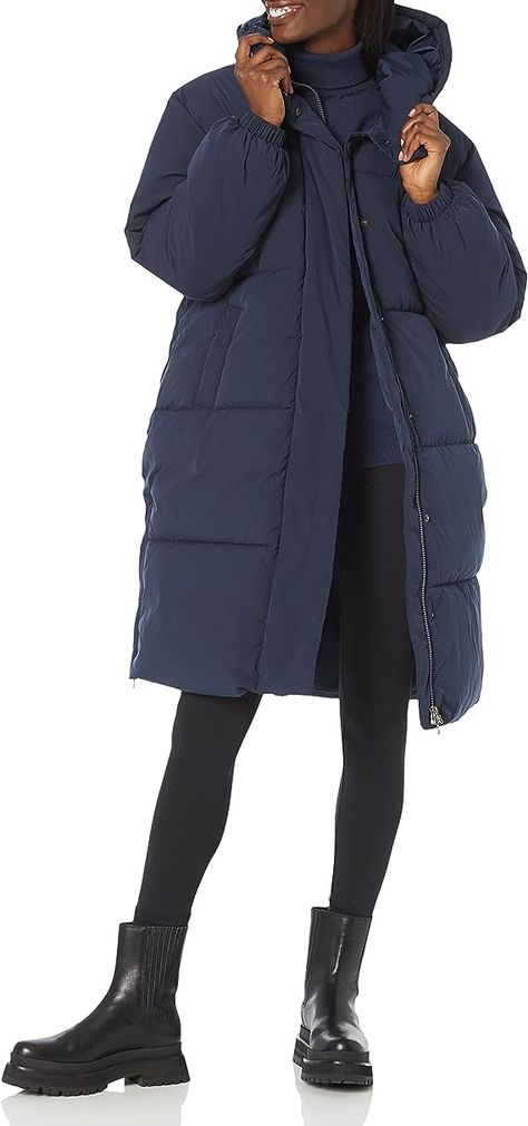 This jacket comes in 8 colors and ranges from size XS-6XL. It's made with 100% Polyester and has a 2-way zipper. It has a relaxed and comfortable fit and durable fabric with filling for warmth. #ad Navy Puffer Jacket Outfit, Long Puffer Jacket Outfit, 2023 Essentials, Plus Size Navy, Long Puffer Jacket, Long Puffer, Puffer Jacket Women, Amazon Essentials, Jacket Parka