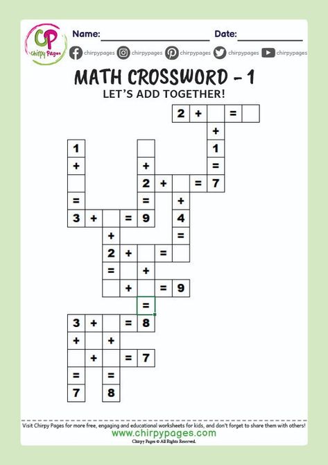 Math Crossword with one digit addition numbers for grade 1 and grade 2 children Math Puzzle For Grade 1, Math For Grade 2 Free Printable, Cross Math Puzzle, Middle School Math Puzzles Brain Teasers, Math Crossword Puzzles Free Printable, Cross Words Puzzle For Kids, Maths Crossword Puzzles, Math Games Grade 1, Math Crossword Puzzles