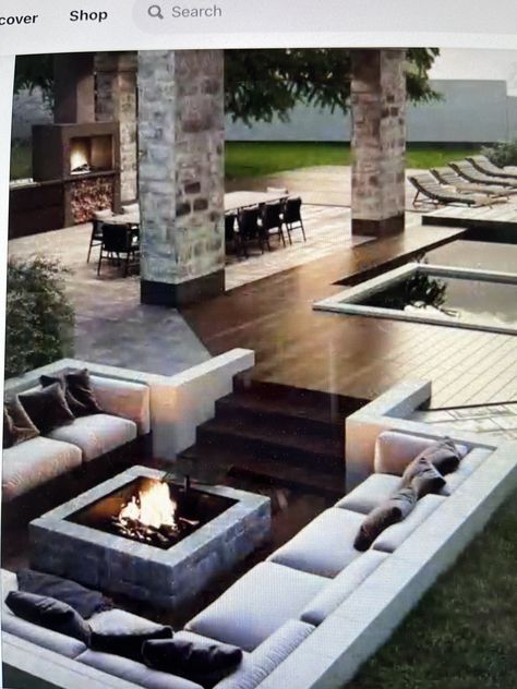 Sunken Fire Pits, Dream Backyard Pool, Outdoor Fireplace Designs, Backyard House, Backyard Oasis Ideas, Fire Pit Seating, Patio Garden Design, Backyard Remodel, Modern Backyard