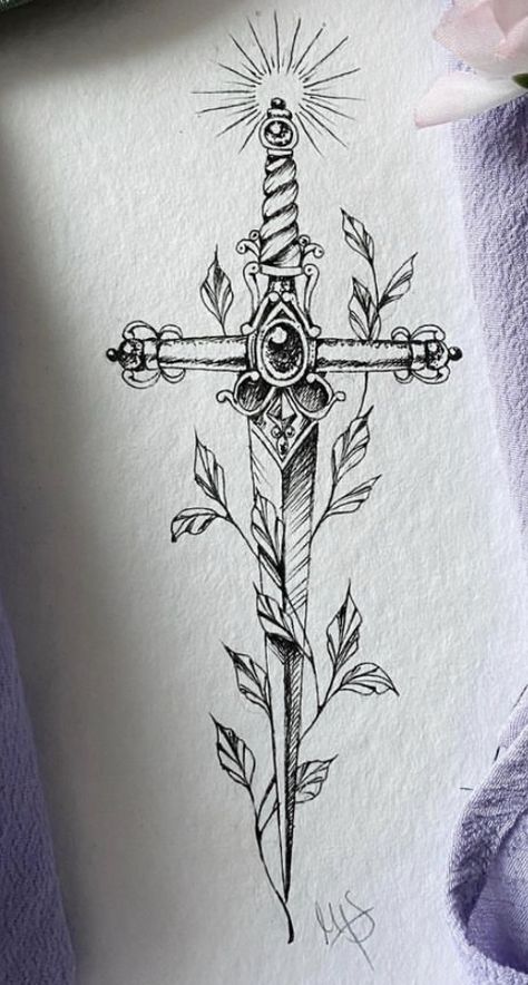 Athame Drawing, Dagger Tattoo Chest Woman, Dagger With Vines Tattoo, Dagger And Flower Tattoo, Thigh Dagger Tattoo, Athame Tattoo, Floral Dagger Tattoo, Daggar Tattoo, Feminine Dagger Tattoo