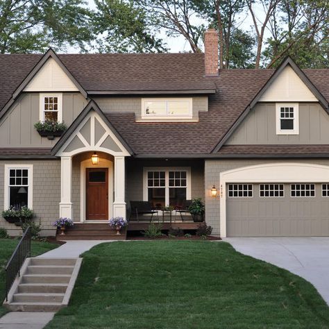 Cottage Exterior Colors, Grey Exterior House Colors, Gray House Exterior, Exterior House Colors With Brown Roof, Best Exterior Paint, House Paint Color Combination, Brown Roof, Exterior House Paint Color Combinations, Exterior House Color