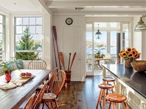 Project Sneak Peek: Summer Sunsets at the Lake - Home Glow Design Gil Schafer, Lake Cottage, Lake Placid, Cottage Design, Waterfront Homes, Large Living Room, Breakfast Nook, Beach Cottages, White Houses