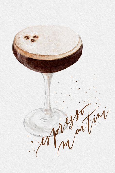 Espresso Martini - the trendy cocktail is back :) Espresso Martini Chalkboard, Espresso Martini Sketch, Espresso Martini Watercolor, Espresso Martini Graphic, Watercolor Cocktail Art, Espresso Martini Illustration, Espresso Martini Drawing, Espresso Martini Print, Espresso Martini Painting