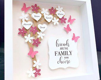 Friends Sayings, Painting Pebbles, Baby Frames, Button Family, Frame With Flowers, Family Tree Wall Art, Frames Ideas, Box Frame Art, Family Tree Frame