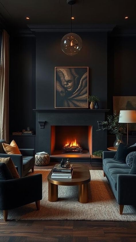 Achieve Moody Interior Design with This Step-by-Step Guide Black And Silver Interior Design, Dark Moody Den, Dark Moody House Interior, Moody Den Ideas, Masculine Fireplace, Moody Organic Modern Living Room, Dark Moody Interior Design, Dark Moody Room, Moody Modern Living Room