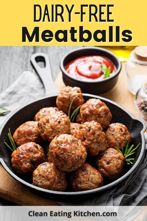 These Dairy-Free Meatballs made without cheese are juicy and flavorful. Make them for an easy weeknight meal. Serve plain or with your choice of cooked pasta or spaghetti squash plus marinara sauce. This allergy-friendly recipe is also gluten-free. Gluten Free Dairy Free Meatballs Crockpot, Italian Meatball Recipes Dairy Free, Non Dairy Meatballs, Kid Friendly Dairy Free Meals, Dairy Free Meatball Recipes, Dairy Free Gluten Free Italian Recipes, Dairy Free Chicken Meatballs, Dairy Free Sausage Balls, Turkey Meatballs Dairy Free