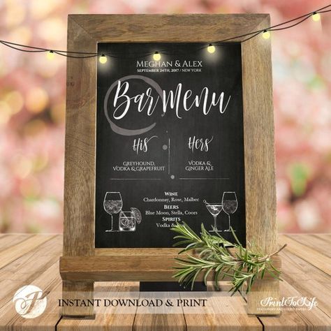 His and Hers Drinks Bar Menu Sign Wedding Bar Menu His and Hers Bar Sign Menu Template Printable Cha Drinks Sign Wedding, His And Hers Drinks, Chalkboard Template, Bar Menu Sign, Drinks Sign, Printable Menu Template, Wedding Signature Drinks, Rustic Chalkboard, Menu Printable