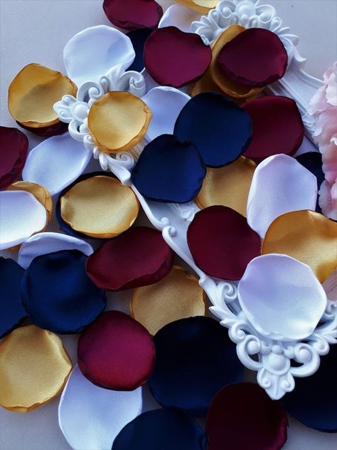 Burgundy Gold White & Navy Blue Handmade Rose Petals | Etsy Navy Blue Burgundy Gold Wedding, Navy Burgundy Gold Wedding, Winter Vampire, Events Branding, Wedding Palettes, Navy Gold Wedding, Blaze Birthday, Riverside Cottage, Church Anniversary