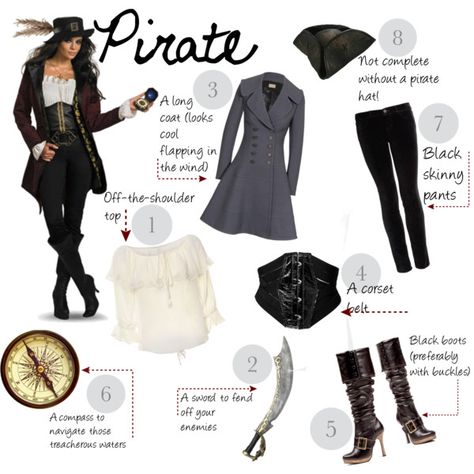 DIY Halloween Costume: Pirate by fashionfemmefatale on Polyvore featuring Influence, AlaÃ¯a, J Brand, Kiki de Montparnasse, Halloween, Costume, halloweencostume, trench coats, skinny pants and knee high boots Pirate Pants Women, Pirate Costume With Pants, Womens Pirate Costume Diy, Pirate Costume Women Diy, Diy Pirate Costume For Women, Womens Pirate Costume, Pirate Costume Women, Woman Pirate, Halloween Diy Outfit