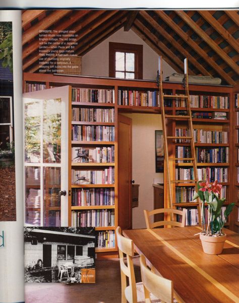 Ever feel like you just don’t have space in your house for a library? You aren’t alone. Some clever homeowners have created charming reading spaces in garden sheds. Reading Spaces, Garden Shed Interiors, Office Shed, Shed Office, Clutter Solutions, Storage Shed Plans, Shed Kits, Backyard Sheds, Backyard Shed