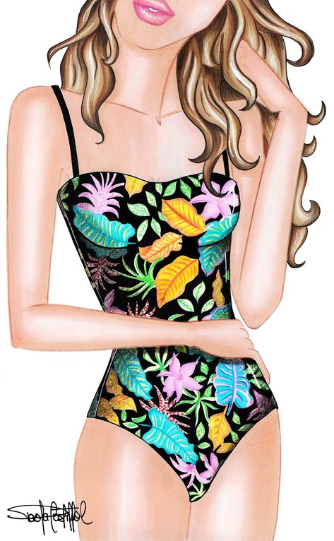 Beach Wear Illustration, Swimwear Illustration, Croquis Fashion, Floral Print Swimwear, Fashion Illustration Tutorial, Illustration Tutorial, Fashion Illustrations Techniques, Elegant Outfit Classy, Wheel Art