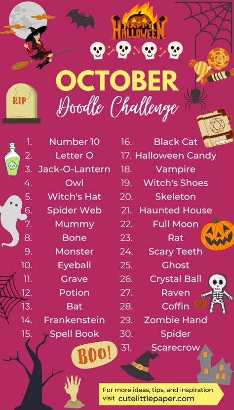 Halloween Doodle Challenge, October Doodle Challenge, Halloween Art Challenge, Art Challenge 2023, October Doodles, Cute Halloween Doodles, Social Challenge, Art Challenge Ideas, Challenge List