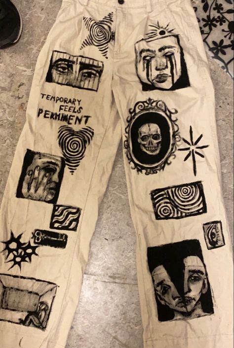 Painted Pants Idea Grunge, Painted Pants Aesthetic, Black Jeans Painting, Painted Jeans Aesthetic, Drawing On Tshirt, Drawing On Pants, Custom Ideas, Painted Pants Idea, Customized Clothes