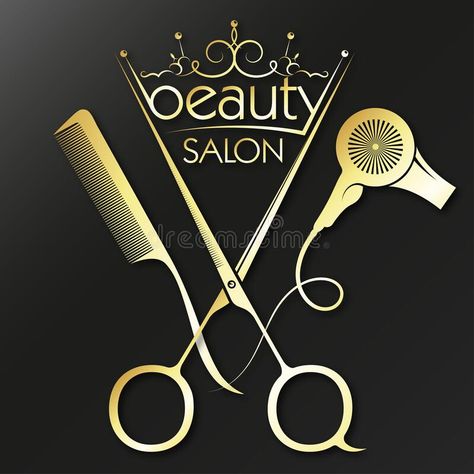 Illustration about Golden scissors with crown comb and hairdryer for beauty salon and hairdresser. Illustration of head, gold, golden - 176076881 Hair Poster Design, Hair Salon Art, Golden Scissors, Hair Logo Design, Barber Logo, Hair Salon Logos, Hair Salon Design, Salon Suites Decor, Salon Logo Design