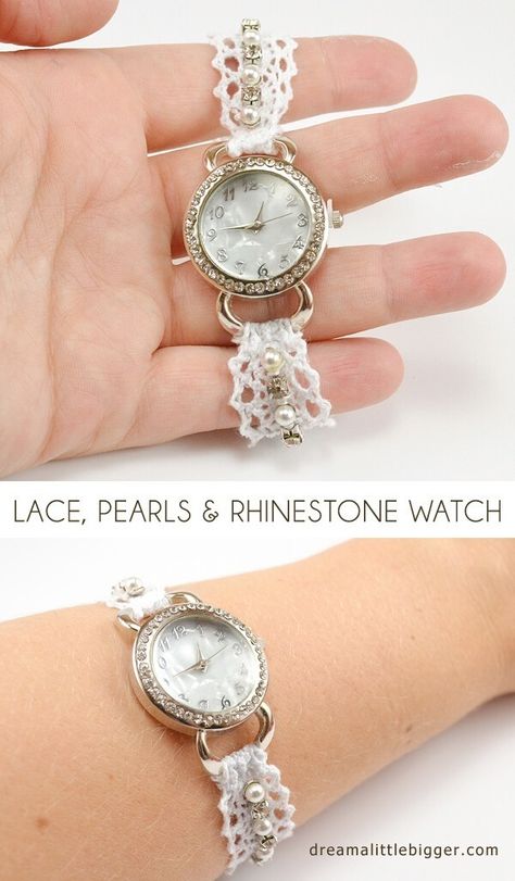 Lace Diy Projects, Watch Diy, Beaded Watches, Lace Diy, Lace Crafts, Rhinestone Watches, Pearl Accessories, Pearls Diy, Old Watches