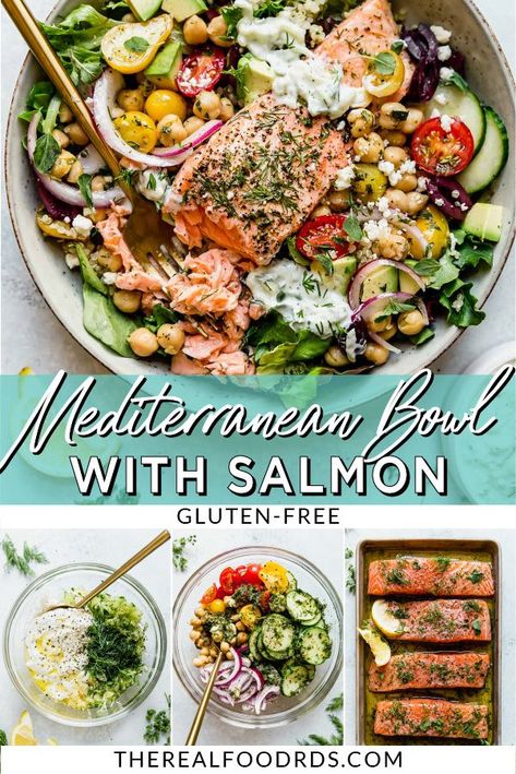 Salmon Tzatziki Bowl, Salmon Gyro Bowl, Mediterranean Salmon Bowl Recipe, Fish Quinoa Bowl, Salmon Pesto Bowl, Mederteranian Bowl Recipe, Salmon Hummus Bowl, Fish Grain Bowl, Mediterranean Fish Bowl