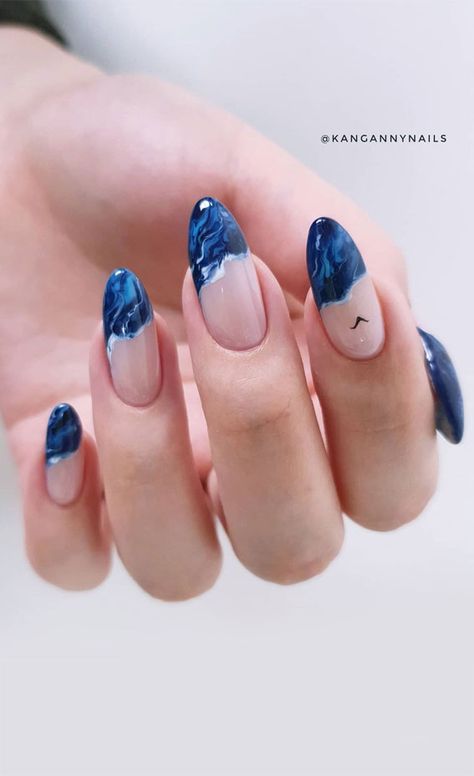 8. Blue Ocean Wave Tip Nails Summer is here babe! And it’s time to get summer-ready, which includes getting a pretty manicure. Bright, Nude,... Blue Ocean Nail Art, Wave Inspired Nails, Beach Vibe Nail Designs, Beach Waves Nails, Ocean Wave Nail Design, Ocean Waves Nails, Ocean Marble Nails, Waves On Nails, Nude Beach Nails