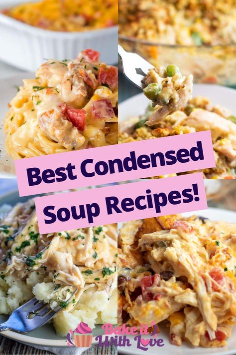 These condensed soup recipes include casseroles, crockpot dishes, and even stuffed peppers that are all made using canned condensed soup! Condensed soup is perfect for adding a creamy and savory element to any gravy or sauce! All of these recipes are filled with bold, rich flavors that are sure to be a crowd-pleaser! BakeItWithLove.com #bakeitwithlove #recipe #canned #condensed #soup #dinner #casseroles Condensed Soup Recipes Dinners, Condensed Chicken Soup Recipes Rice Casserole, Condensed Cheese Soup Recipes, Recipes With Canned Soup, Canned Recipes Dinners, Cream Of Cheddar Soup Recipes, Recipes Using Canned Soup, Canned Soup Recipes Dinners, Recipes Using Canned Cheddar Cheese Soup