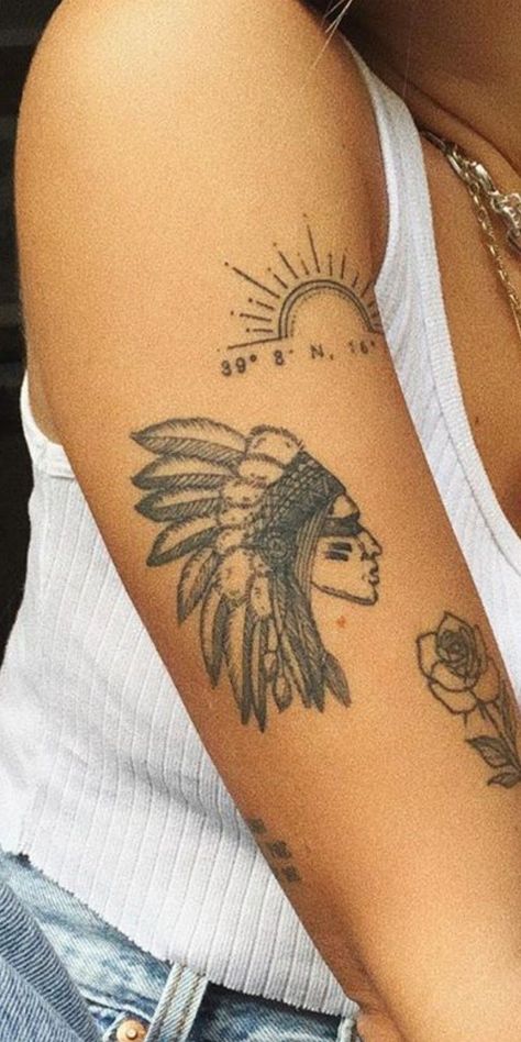 Native Knee Tattoo, Native Indian Women Tattoo, Native American Small Tattoos, Indeginous Tattoo Ideas, Mohawk Indian Tattoo, Native American Sun Tattoo, Native Tribe Tattoo, Small Indian Tattoo, Western Indian Tattoo