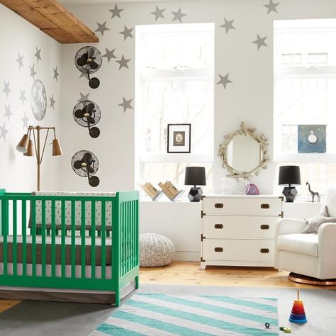 Modern eclectic nursery with kelly green crib The Latest In Modern Nursery Design Cots, Pottery Barn, Green Crib, Nursery Colors, Green Baby, Kelly Green, Pottery Barn Kids, Colorful Interiors, Shelving Unit