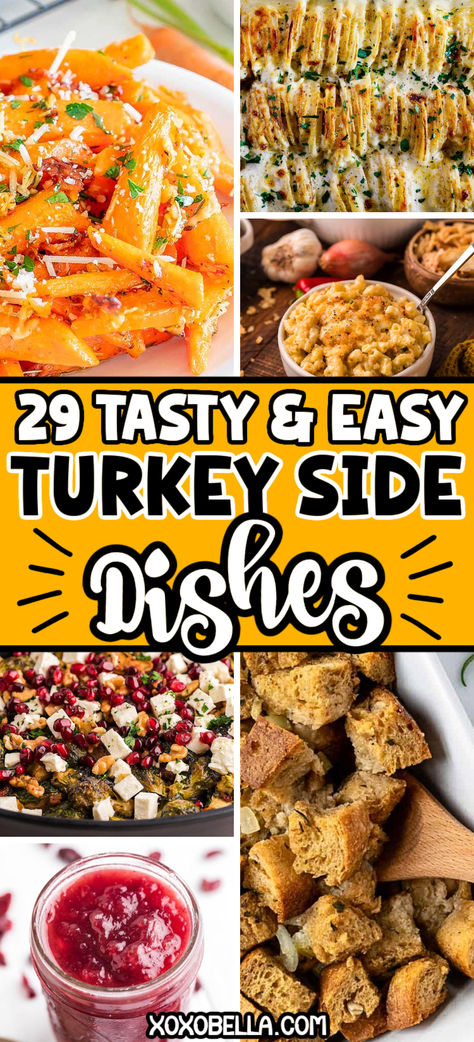 A collage of turkey side dish recipes. Salad For Turkey Dinner, Side Dish For Turkey Dinner, Turkey Dinner Recipes Side Dishes, Ways To Cook Turkey Thanksgiving, Best Turkey Side Dishes, Turkey Dinner Side Dishes Christmas, Christmas Turkey Dinner Menu Ideas, Thanksgiving Side Dishes Southern, Summer Turkey Dinner Sides