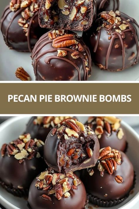 Pecan Pie Brownie Bombs Brownie Bon Bons, New Year’s Eve Brownies, Chocolate Pecan Pie Cookies, Pecan Pie Brownie Bites, New Years Brownies, Pecan Pie Truffles Recipe, Chocolate Pecan Pie Balls, Food To Give As Gifts, Banquet Dessert Ideas