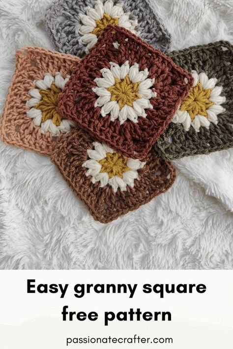 Learn how to crochet granny square. Easy granny square with puff stitches and floral motif. Perfect granny square pattern for blankets and bags. Easy granny square pattern for beginners. Step-by-step photo tutorial. Picture Granny Squares, Floral Granny Square Blanket, Puff Stitch Granny Square Pattern, Sun Burst Granny Square Free Pattern, Easy Free Granny Square Pattern, Cottage Core Granny Square, Grammy Square Pattern, Spring Granny Square Crochet, Blocking Granny Squares