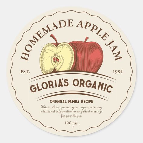 Upgrade your brand with this customized apple labels. Discover the perfect finishing touch for your delectable creations with this customizable apple product labels. Whether you sell homemade apple fruit jam, apple fruit juice, jelly, pies, cakes, tarts and drinks, these labels are designed to add a touch of elegance to your small business products. This editable label templates allow you to have personalized packaging and distinctive branding to showcase your unique business in style. The vinta Vintage Fruit Labels, Jam Logo Design Ideas, Apple Pie Packaging, Jam Logo Design, Cherry Packaging, Jam Label Design, Jam Packaging Design, Vintage Packaging Design, Pie Logo