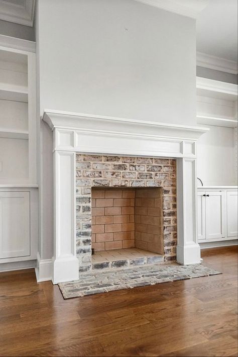 Coastal Brick Fireplace Ideas, Renovated Fireplaces Brick, Brick In Front Of Fireplace, Gas Fireplace Brick Surround, Veneer Brick Fireplace, Southern Living Fireplace Ideas, Traditional Fireplaces And Mantels, New England Style Fireplace, Brick Fireplace Mantle Makeover