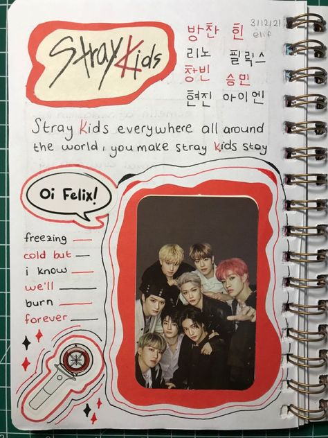 Skz Doodle Art Journals, Kpop Notes Ideas, K Pop Notebook Ideas, Skz Notebook Ideas, K Pop Scrapbook Ideas, K-pop Diy Ideas, Stray Kids Notebook Ideas, K Pop Doodles, K Pop Scrapbook