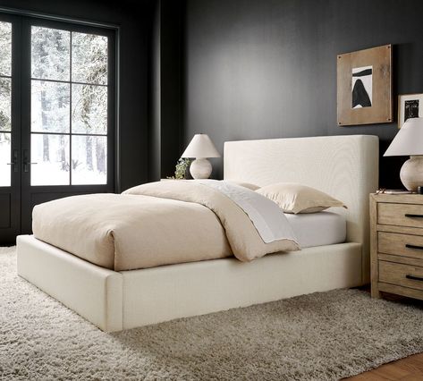 Creme Color Bed Frame, Beige Platform Bed, Soft Bedframes, Low Profile Beds, Tan Bed Frame, White Bed Frame Bedroom, Cushion Bed Frame, King Bed Frame Ideas, Simple Upholstered Bed