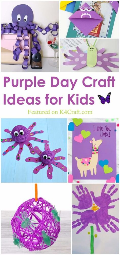 Purple Color Craft Activities & Fun Ideas for Kids - K4 Craft Purple Colour Day Craft, Purple Color Day Preschool, Purple Colour Activity For Preschool, Purple Activity For Preschool, Preschool Purple Activities, Purple Day Crafts For Kids, Preschool Purple Crafts, Purple Color Activities Preschool, Purple Toddler Crafts