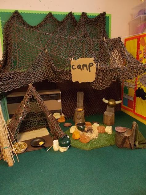 Viking camp role-play corner Camping Role Play, Farm Role Play Area Eyfs, Role Play Areas Eyfs, Nocturnal Animals Activities, Bookshop Ideas, Camping Dramatic Play, Preschool Travel, Viking Camp, Animals Activities