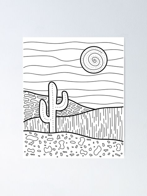 "Abstract desert landscape " Poster by sziszigraphics | Redbubble Landscape Art Lessons, Desert Landscape Art, Intro To Art, Learn To Sketch, Cactus Drawing, Easter Backdrops, Landscape Art Print, Art Curriculum, Desert Landscape