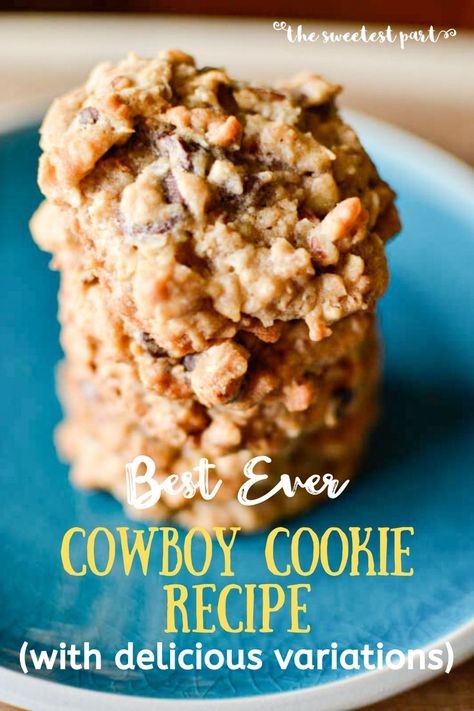 Do you love soft, chewy & delicious chocolate chip cookies? Then you will LOVE these perfect cowboy cookies!  This is a go-to cookie recipe that is great for any occasion!  Make yummy peanut butter cowboy cookies, or coconut pecan cowboy cookies!  | Easy dessert | Make ahead desserts | cookie dough for your freezer |  | #oatmealcookies | #cookies | #snacks | #rangercookies | Pie, Cookies Cowboy, Laura Bush Cowboy Cookies, Jumbo Cookies, Cowboy Cookie, Cowboy Cookie Recipe, Small Batch Cookies, Oats Chocolate, Soft Cookie Recipe