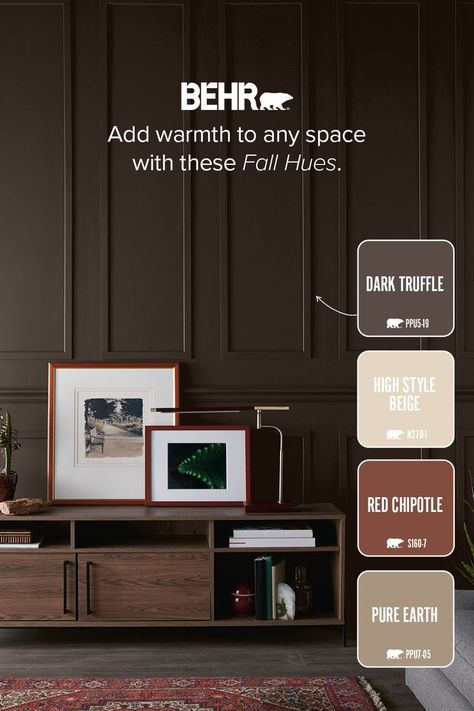 Transform your home into a warm, inviting sanctuary with these delicious fall colors. Best Brown Paint Colors Behr, Behr Brown Paint Ideas, Behr Dark Moody Colors, Dark Behr Paint Colors, Brown Paint Colors Behr, Papered Ceilings, Brown Behr Paint Colors, Behr Paint Colors Brown, Brown Exterior Paint