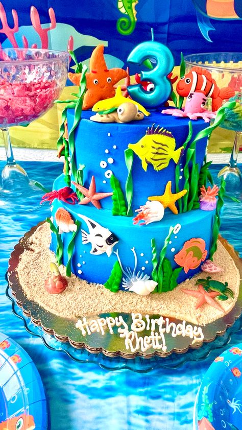 Three… under the sea themed party. #birthdayparty Under Water Cake Sea Theme, Under The Sea Birthday Cake Ideas, Under The Sea Cake Ideas, Three Under The Sea, Ocean Theme Birthday Cake, Underwater Birthday Cake, Under The Sea Cakes, Under The Sea Theme Cake, Under The Sea Birthday Cake