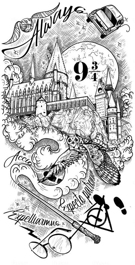 Harry Potter Monster Book Tattoo, Hogwarts Castle Tattoo Design, Harry Potter Tattoos Stencils, Harry Potter Outline Drawings, Harry Potter Tattoo Stencil, Harry Potter Tattoo Designs, Hogwarts Castle Tattoo, Harry Potter Tattoo Unique, Harry Potter Tattoo Sleeve