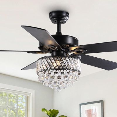 This black crystal ceiling fan will add atmosphere to your room. Transparent crystal pieces paired with luxurious matte black make the chandelier more attractive. The exquisite drawstring design makes the ceiling fan more retro and convenient. You will be amazed by its beauty. | House of Hampton® Gloristeen 52" Ceiling Fan w / Light Kit, Crystal in Black | Wayfair Glam Ceiling Fan, Chandelier With Fan, Stylish Master Bedrooms, Glam Home Decor, Ceiling Fan Light Fixtures, Bedroom Fan, Crystal Ceiling Fan, Beauty House, Hampton House