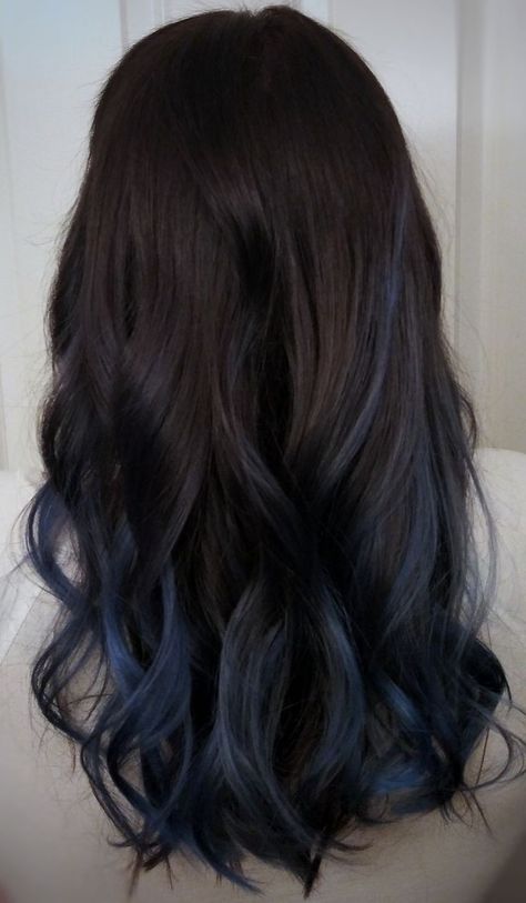 Blue Colour Highlight Hair, Blue Tinted Hair Brown, Navy Blue Streaks Hair, Brown Hair W Blue Highlights, Blue And Black Hair Highlights, Brunette Hair Blue Highlights, Blue Tips On Brown Hair, Navy Blue Hair Highlights, Blue Black Hair Highlights